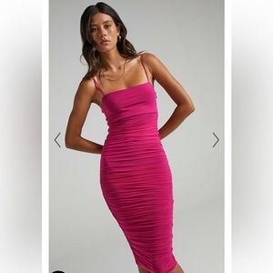 SHOWPO COMING FOR YOU MESH MIDI DRESS IN HOT PINK MESH